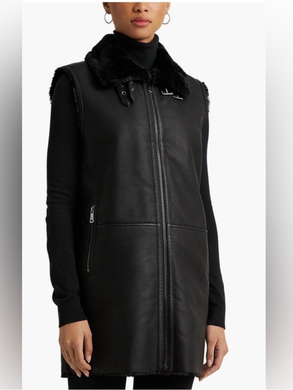Ralph Lauren Black Faux-Shearling Leather Vest with Zip Pockets size small